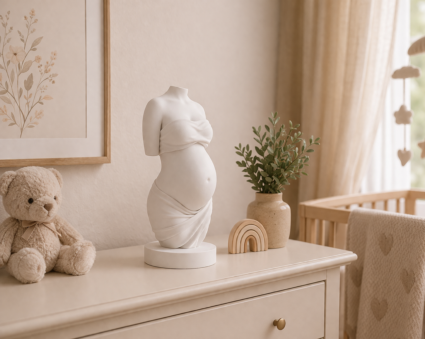 A beautiful 3D printed baby bump figurine displayed in a nursery
