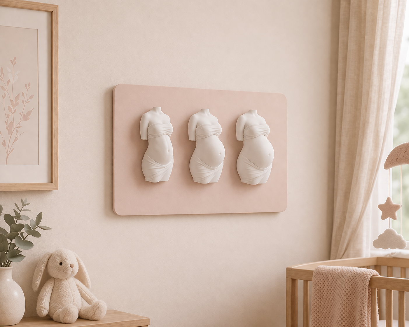 Three pregnancy figurines mounted on a blush wall plaque showing the progression across all three trimesters